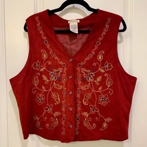Vintage White Stag Women's Vest in Bordeaux Faux Suede Floral Embroidery Large